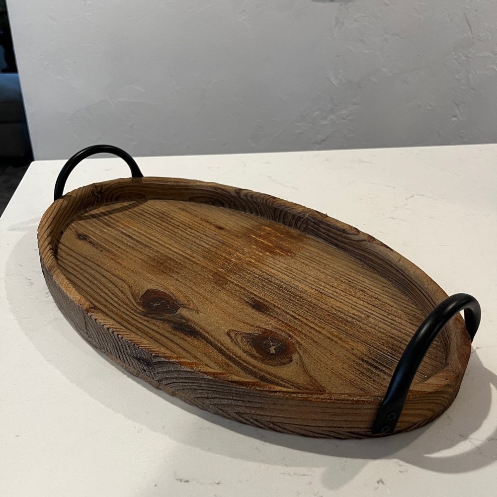 Rustic Wooden Serving Tray with Black Handles